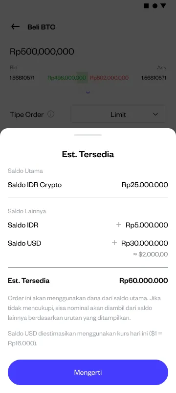 Tampilan rincian saldo yang tersedia di Wallet Pluang