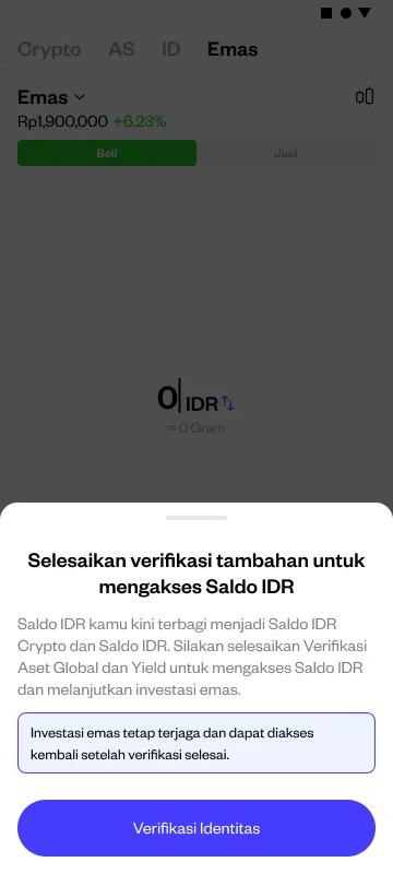 Tampilan aplikasi untuk meminta pengguna menyelesaikan verifikasi Aset Global dan Yield