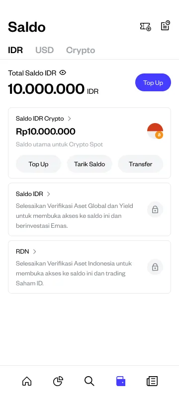 Tampilan Wallet Pluang untuk meminta pengguna untuk menyelesaikan verifikasi Aset Global dan Yield