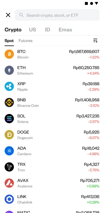 Mini explore page ketika mau switch asset di pluang melalui trade page