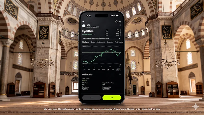 aplikasi-saham-syariah-di-smartphone-dengan-latar-masjid-cara-beli-saham-syariah-di-pluang