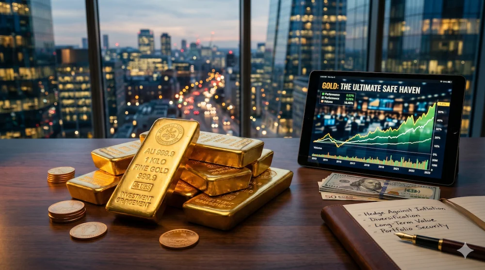 Grafik harga emas 20 tahun terakhir di tablet dengan batangan emas Antam dan catatan investasi emas sebagai safe haven