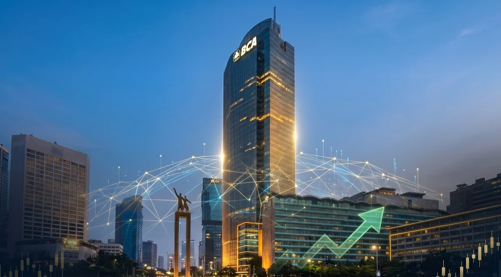 Cara investasi saham BCA BBCA di pasar modal Indonesia dengan grafik saham dan koneksi digital Jakarta