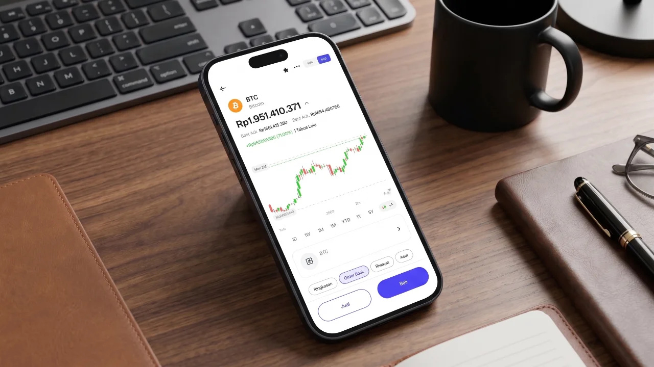Ilustrasi koin Bitcoin dan aplikasi crypto - Di Mana Beli Bitcoin di Indonesia? Panduan Lengkap 2026