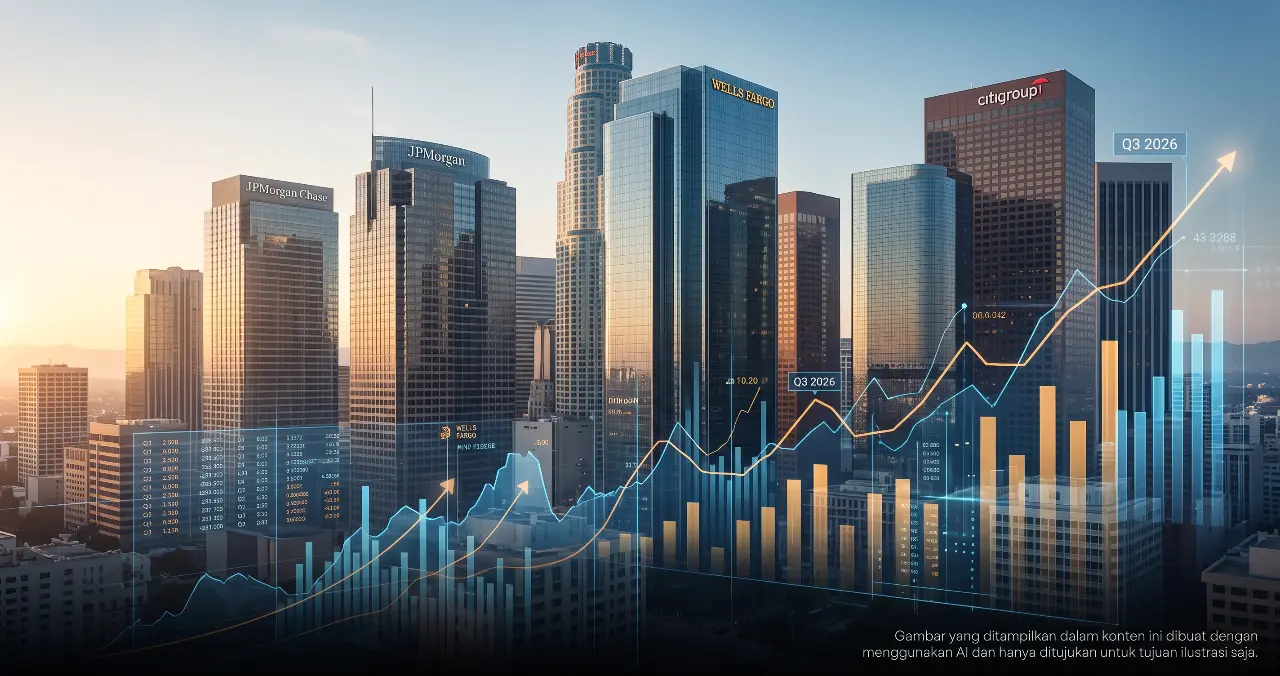 Ilustrasi gedung bank dan grafik laporan keuangan kuartal III 2026 JPMorgan, Wells Fargo, dan Citigroup