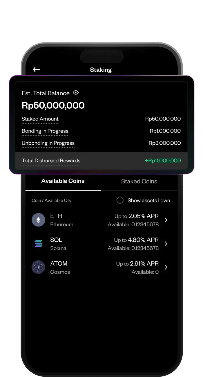 Dengan Staking, kamu bisa mendapatkan reward hanya dengan mengunci aset, mirip dengan sistem bunga pada deposit.