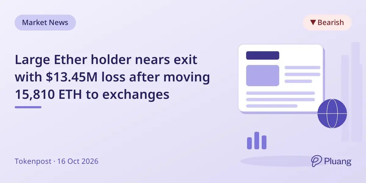Large Ether holder nears exit with $13.45M loss after moving 15,810 ETH to exchanges