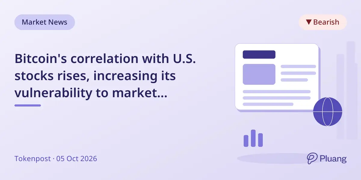 Bitcoin's correlation with U.S. stocks rises, increasing its vulnerability to market declines.