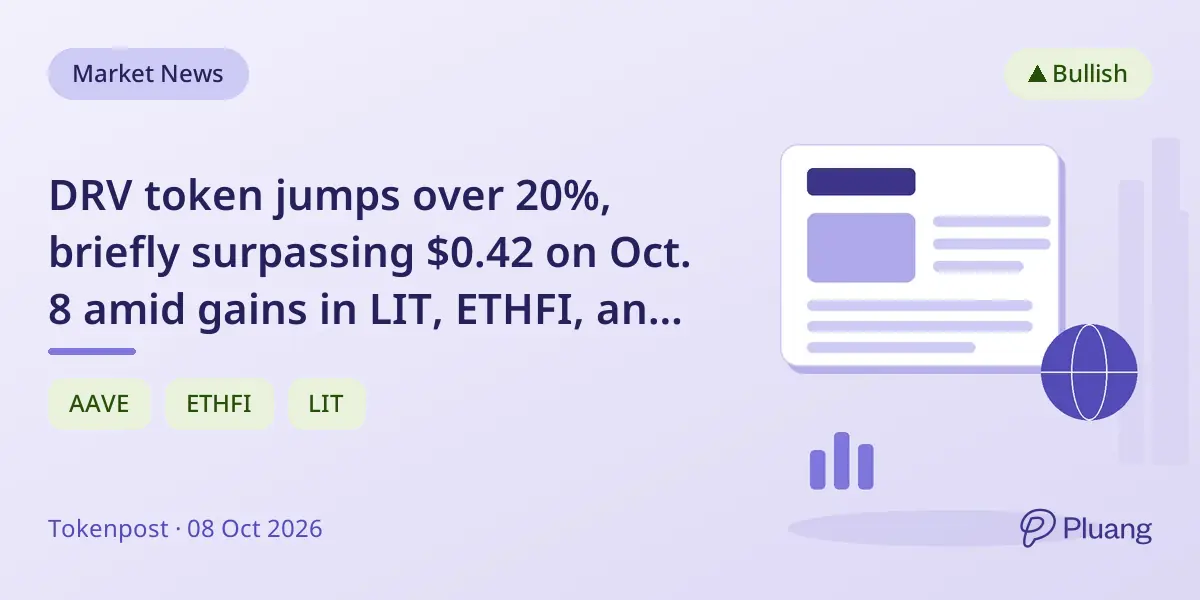 DRV token jumps over 20%, briefly surpassing $0.42 on Oct. 8 amid gains in LIT, ETHFI, and AAVE.