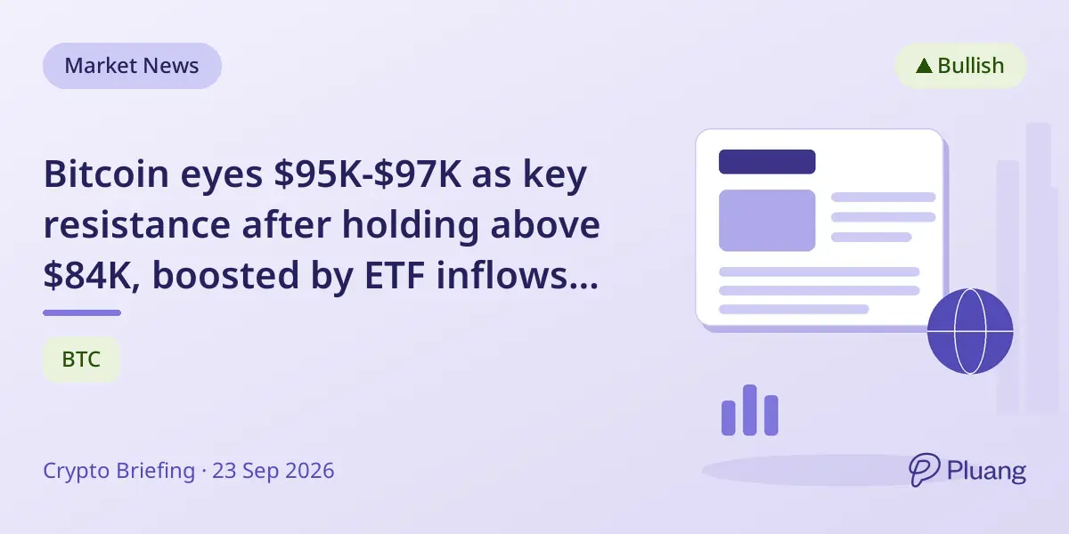 Bitcoin eyes $95K-$97K as key resistance after holding above $84K, boosted by ETF inflows and rising spot volume.