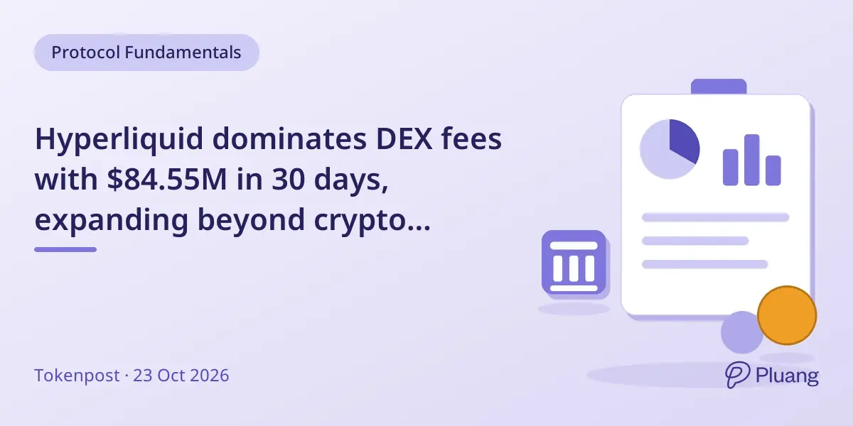 Hyperliquid dominates DEX fees with $84.55M in 30 days, expanding beyond crypto markets.