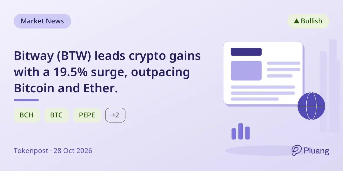 Bitway (BTW) leads crypto gains with a 19.5% surge, outpacing Bitcoin and Ether.
