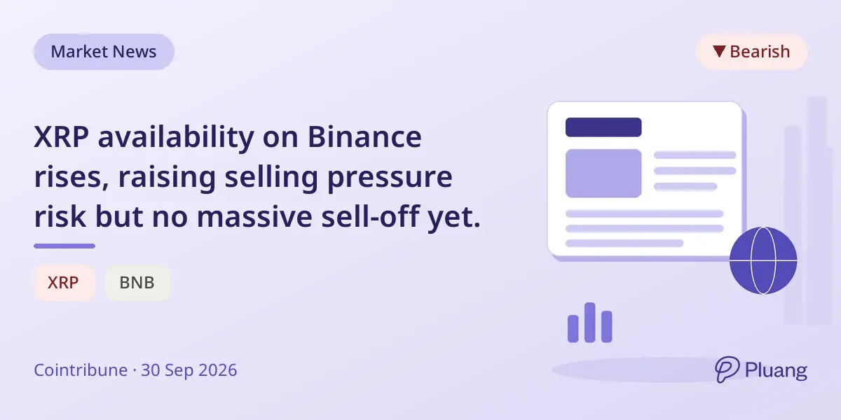 XRP availability on Binance rises, raising selling pressure risk but no massive sell-off yet.