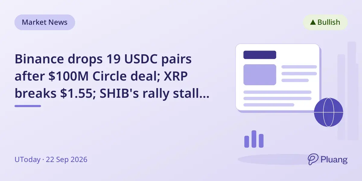 Binance drops 19 USDC pairs after $100M Circle deal; XRP breaks $1.55; SHIB's rally stalls at key resistance.