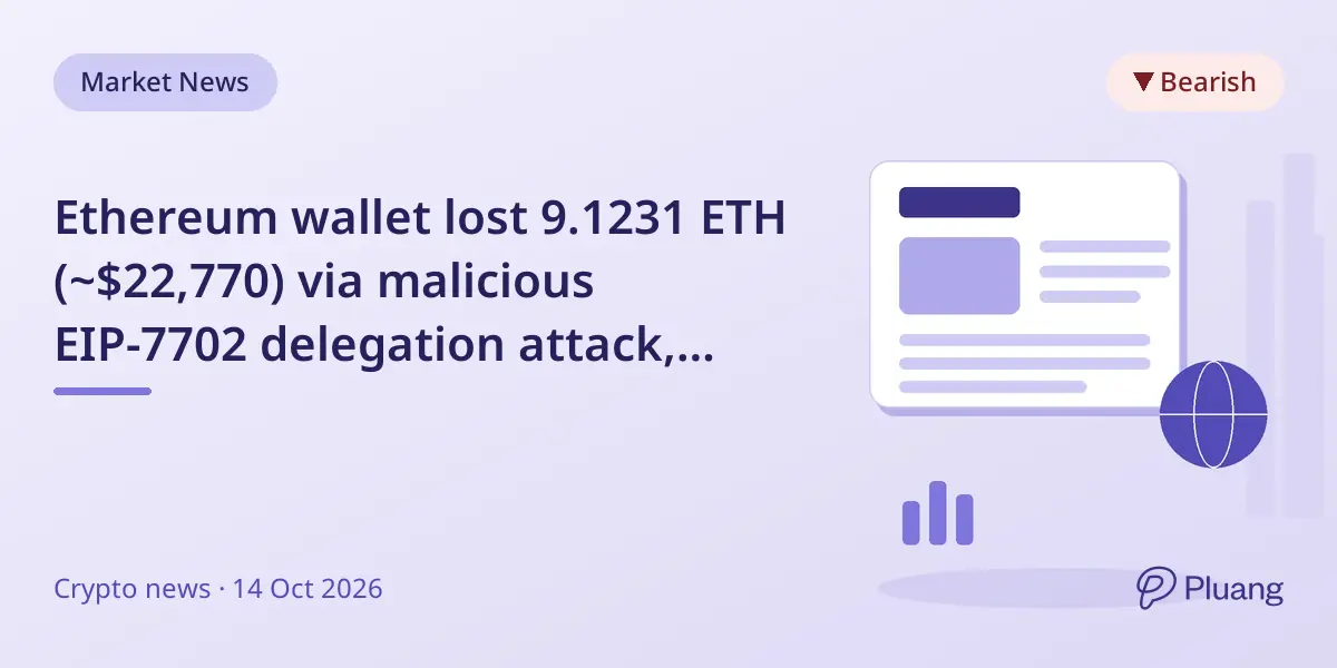 Ethereum wallet lost 9.1231 ETH (~$22,770) via malicious EIP-7702 delegation attack, warns security firm ExVul