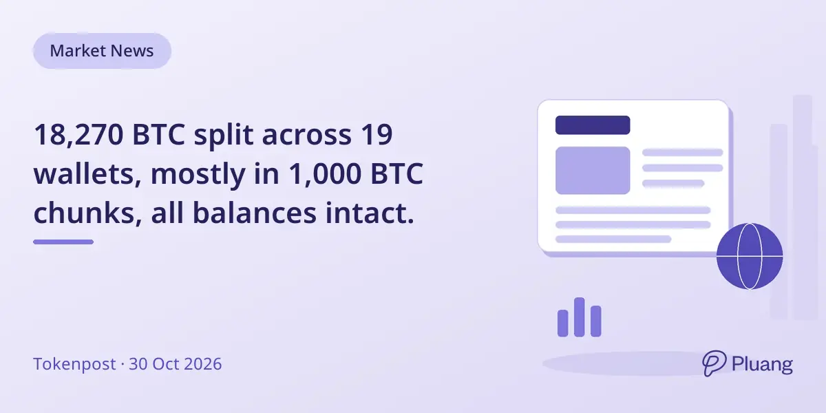 18,270 BTC split across 19 wallets, mostly in 1,000 BTC chunks, all balances intact.