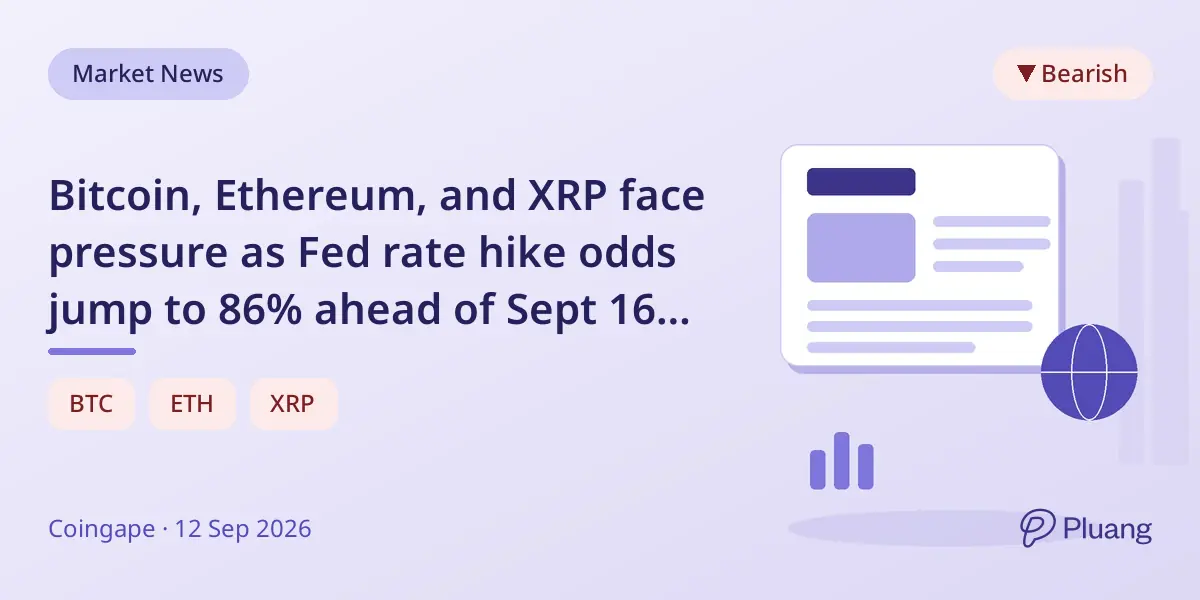 Bitcoin, Ethereum, and XRP face pressure as Fed rate hike odds jump to 86% ahead of Sept 16 meeting.