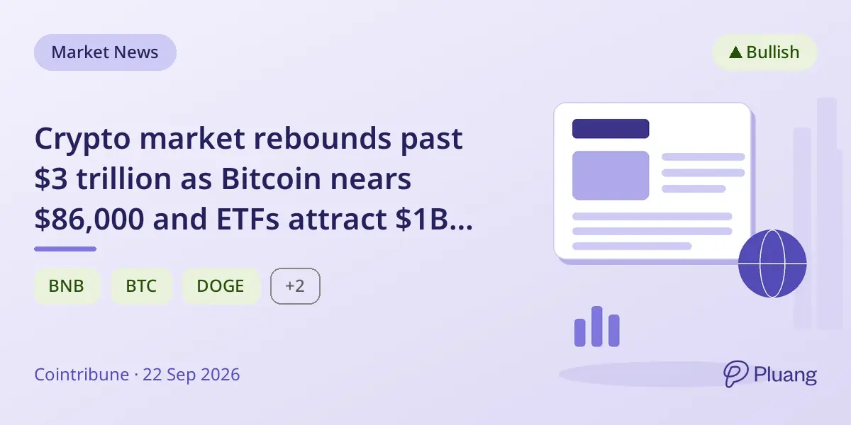 Crypto market rebounds past $3 trillion as Bitcoin nears $86,000 and ETFs attract $1B inflows.