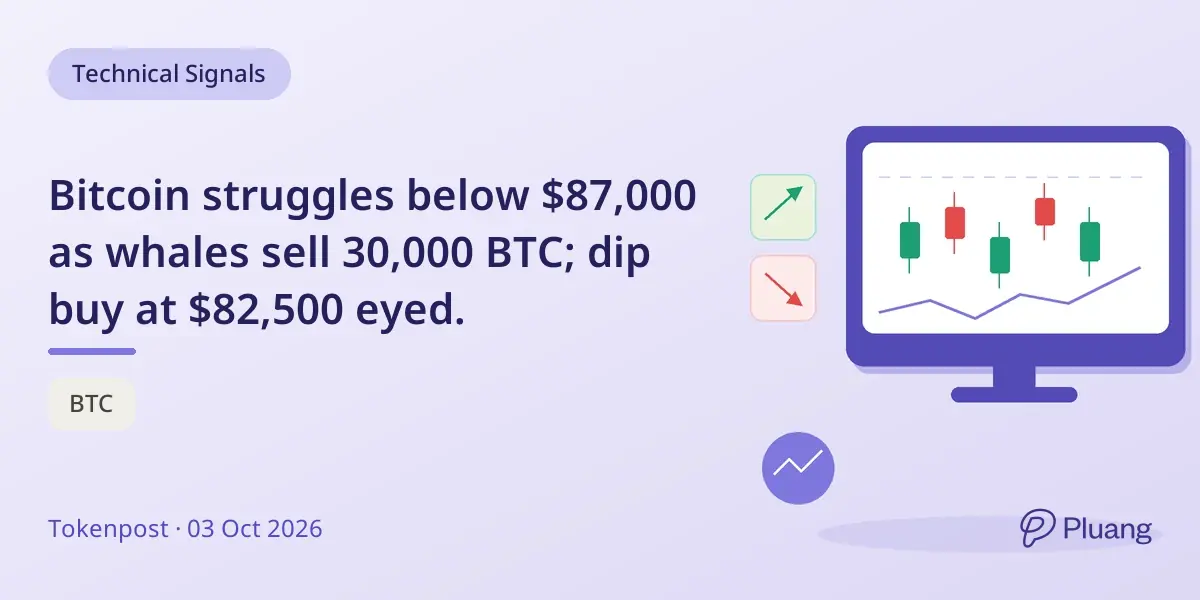 Bitcoin struggles below $87,000 as whales sell 30,000 BTC; dip buy at $82,500 eyed.