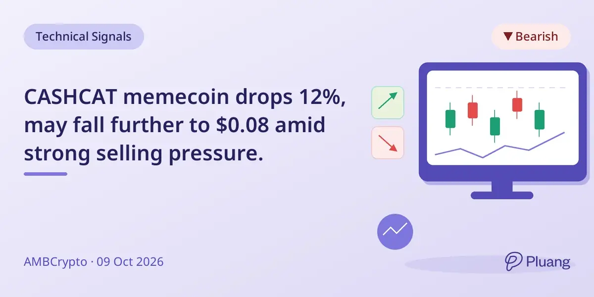 CASHCAT memecoin drops 12%, may fall further to $0.08 amid strong selling pressure.