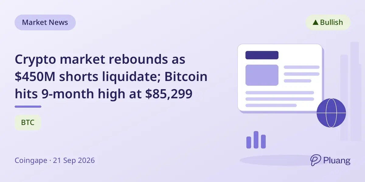 Crypto market rebounds as $450M shorts liquidate; Bitcoin hits 9-month high at $85,299
