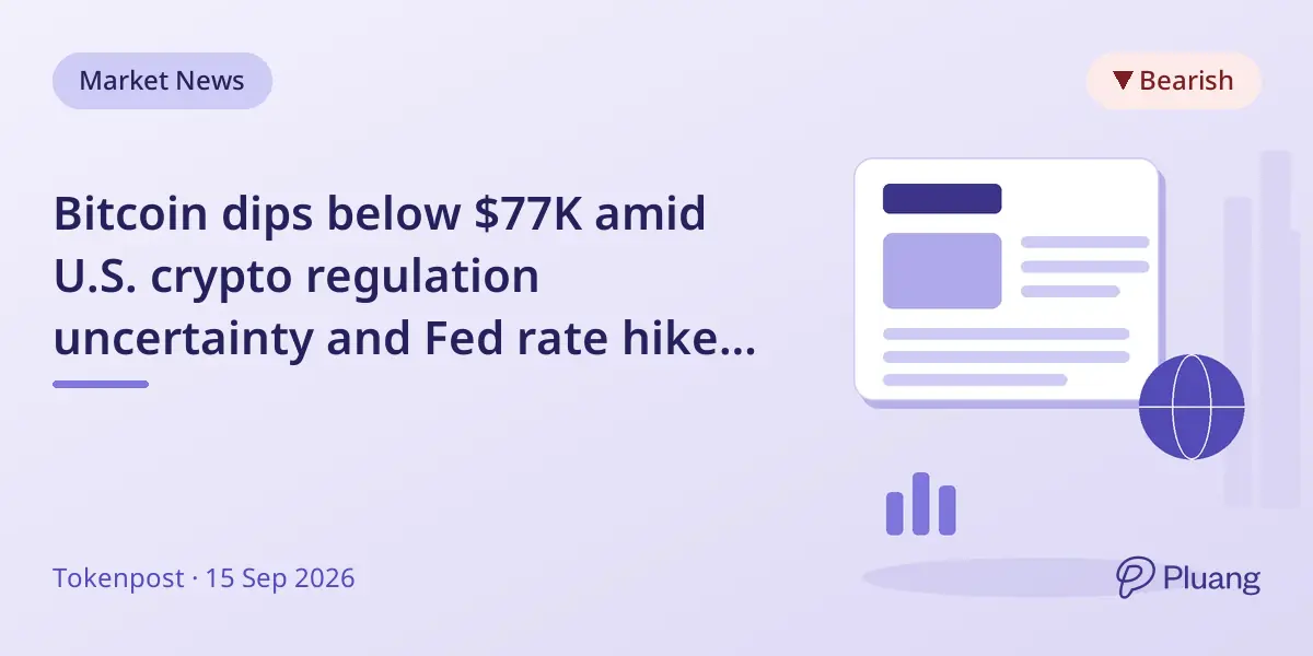 Bitcoin dips below $77K amid U.S. crypto regulation uncertainty and Fed rate hike anticipation.