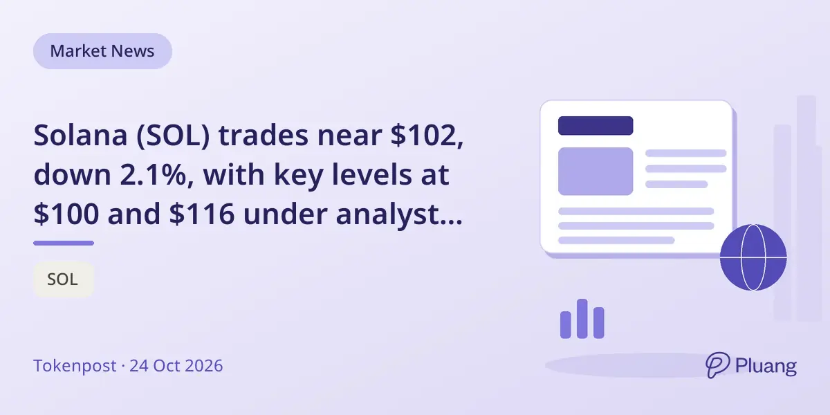 Solana (SOL) trades near $102, down 2.1%, with key levels at $100 and $116 under analyst watch.
