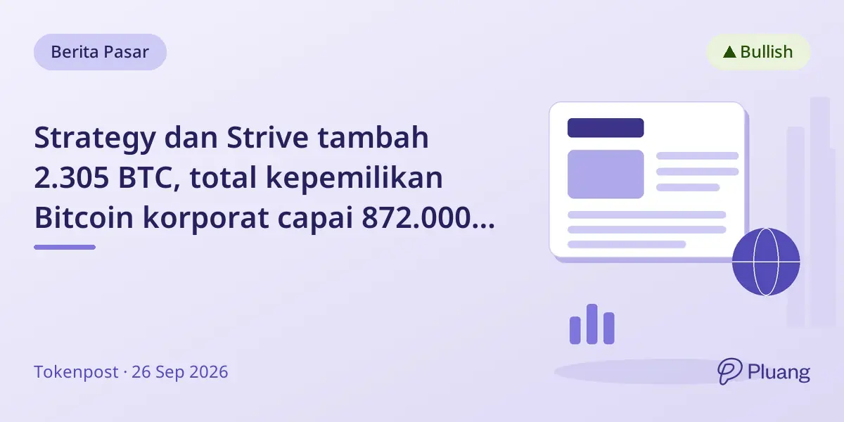 Strategy dan Strive tambah 2.305 BTC, total kepemilikan Bitcoin korporat capai 872.000 BTC.