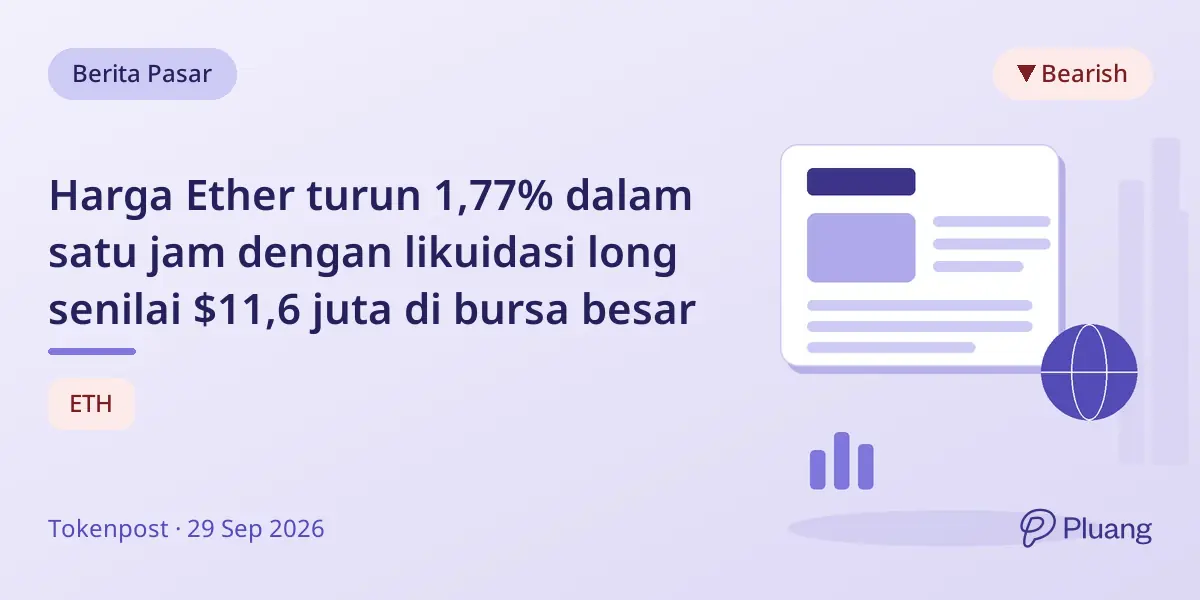 Harga Ether turun 1,77% dalam satu jam dengan likuidasi long senilai $11,6 juta di bursa besar