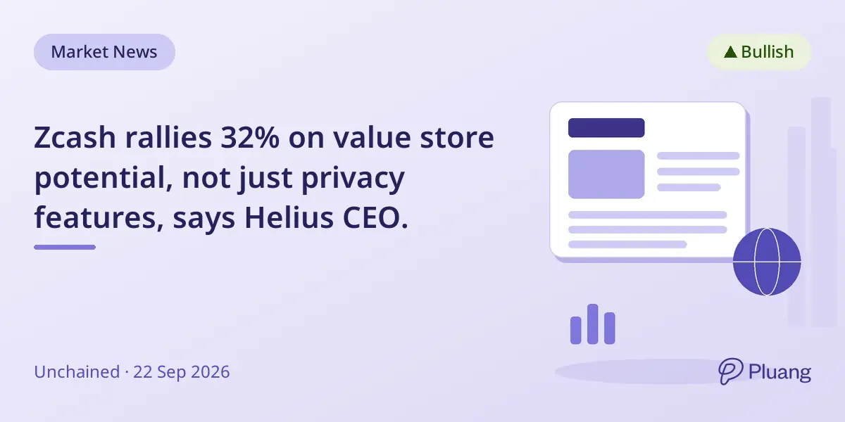 Zcash rallies 32% on value store potential, not just privacy features, says Helius CEO.