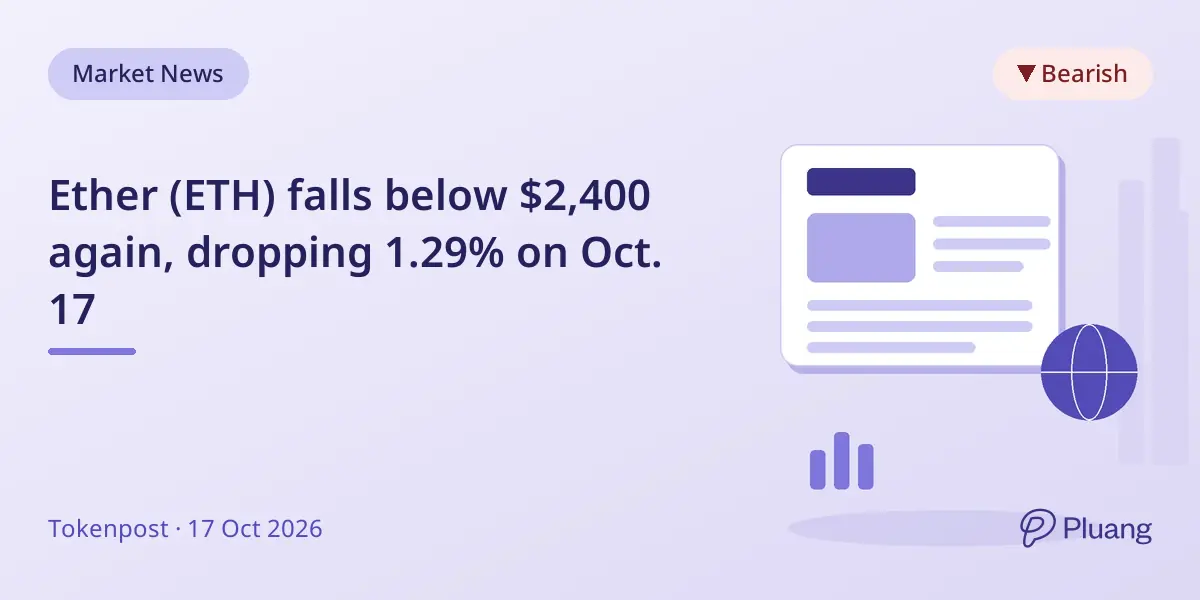 Ether (ETH) falls below $2,400 again, dropping 1.29% on Oct. 17