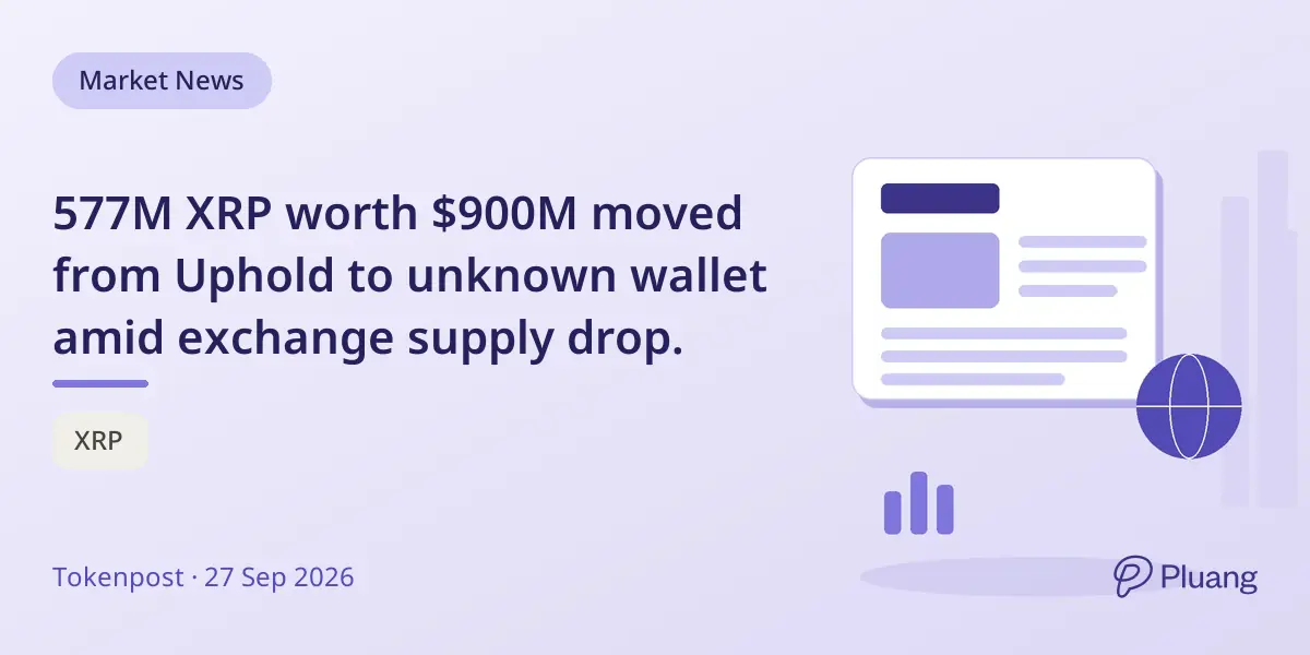 577M XRP worth $900M moved from Uphold to unknown wallet amid exchange supply drop.