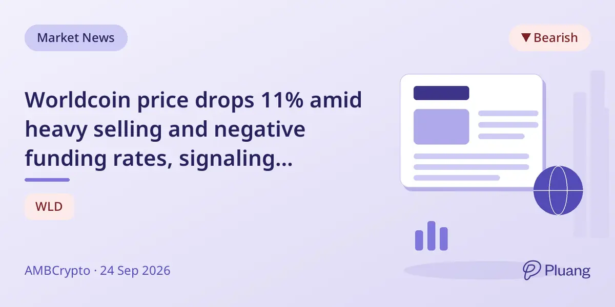 Worldcoin price drops 11% amid heavy selling and negative funding rates, signaling continued downside risk.