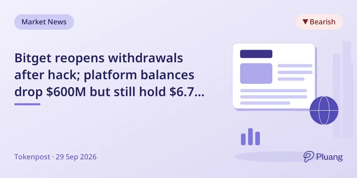 Bitget reopens withdrawals after hack; platform balances drop $600M but still hold $6.7B in assets