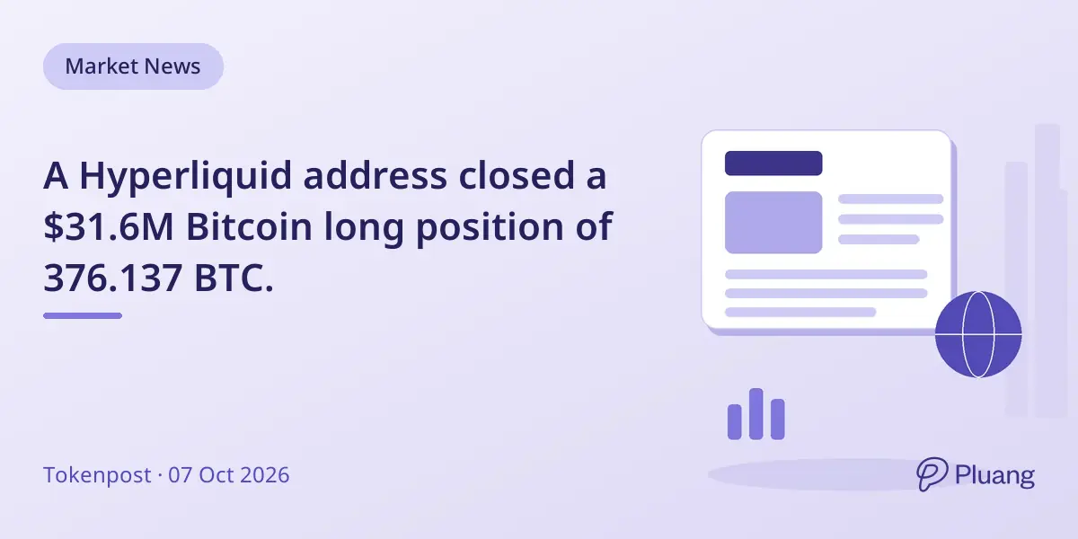 A Hyperliquid address closed a $31.6M Bitcoin long position of 376.137 BTC.