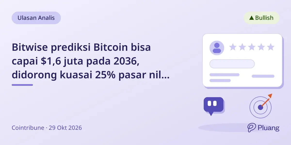 Bitwise prediksi Bitcoin bisa capai $1,6 juta pada 2036, didorong kuasai 25% pasar nilai global.