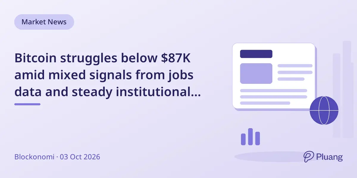 Bitcoin struggles below $87K amid mixed signals from jobs data and steady institutional buying.
