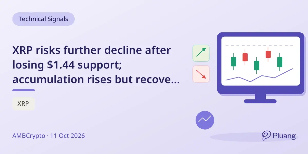 XRP risks further decline after losing $1.44 support; accumulation rises but recovery needs $1.45 break.