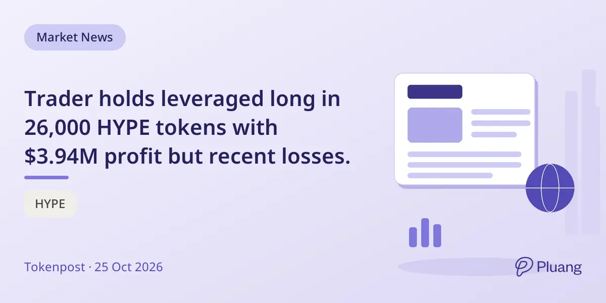 Trader holds leveraged long in 26,000 HYPE tokens with $3.94M profit but recent losses.