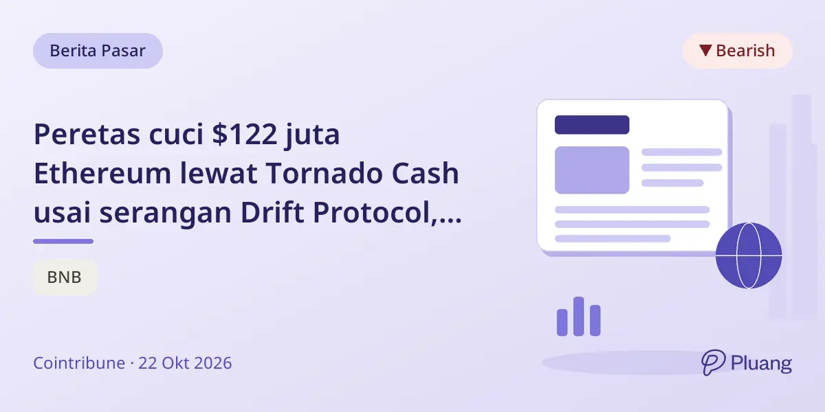 Peretas cuci $122 juta Ethereum lewat Tornado Cash usai serangan Drift Protocol, deposito mixer terbesar 2 tahun terakhir