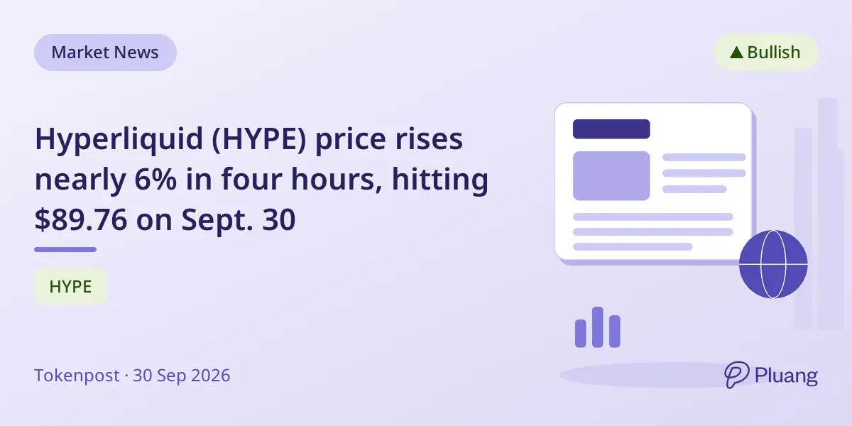 Hyperliquid (HYPE) price rises nearly 6% in four hours, hitting $89.76 on Sept. 30