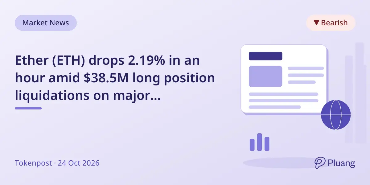 Ether (ETH) drops 2.19% in an hour amid $38.5M long position liquidations on major exchanges