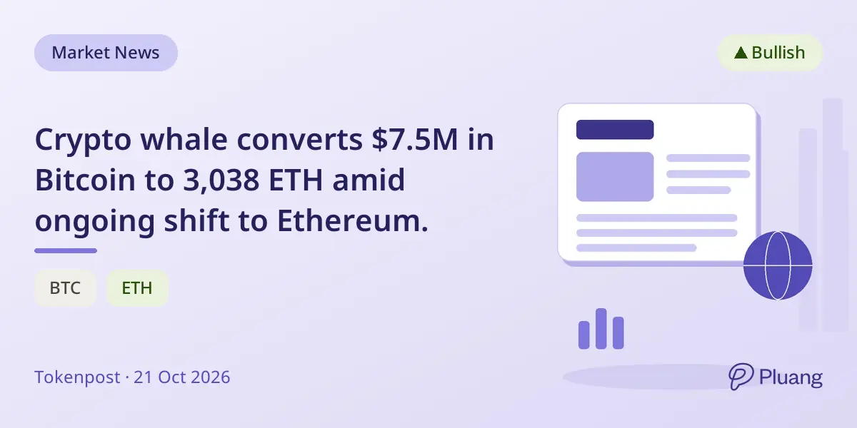 Crypto whale converts $7.5M in Bitcoin to 3,038 ETH amid ongoing shift to Ethereum.