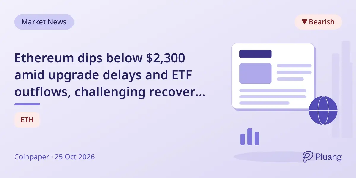 Ethereum dips below $2,300 amid upgrade delays and ETF outflows, challenging recovery to $2,500.