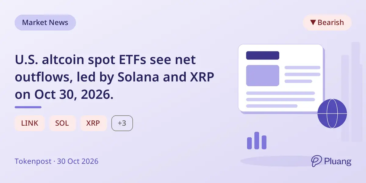 U.S. altcoin spot ETFs see net outflows, led by Solana and XRP on Oct 30, 2026.