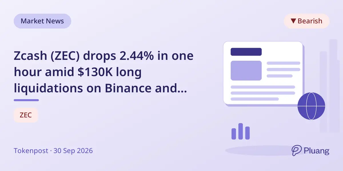 Zcash (ZEC) drops 2.44% in one hour amid $130K long liquidations on Binance and others