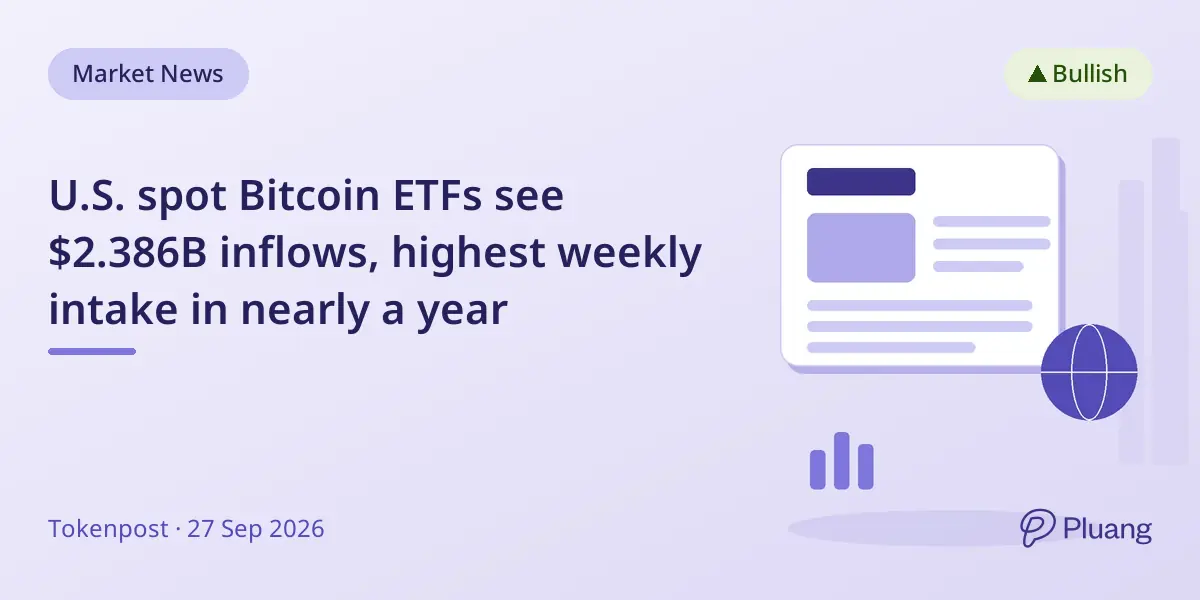 U.S. spot Bitcoin ETFs see $2.386B inflows, highest weekly intake in nearly a year