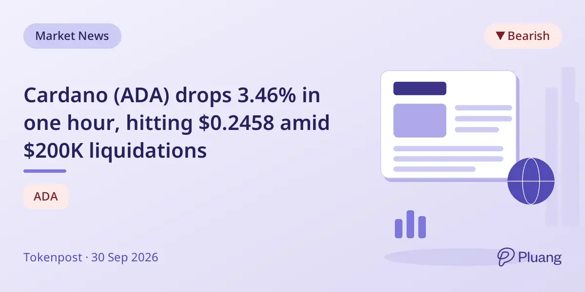 Cardano (ADA) drops 3.46% in one hour, hitting $0.2458 amid $200K liquidations