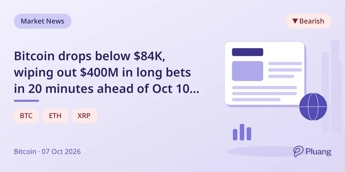 Bitcoin drops below $84K, wiping out $400M in long bets in 20 minutes ahead of Oct 10 liquidation anniversary