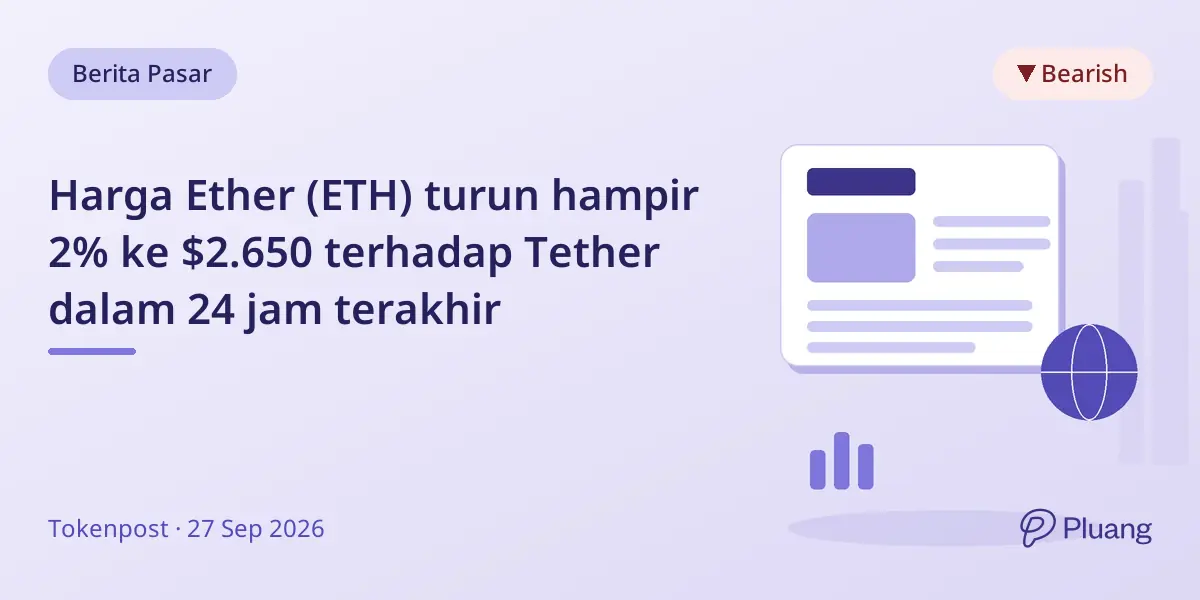 Harga Ether (ETH) turun hampir 2% ke $2.650 terhadap Tether dalam 24 jam terakhir